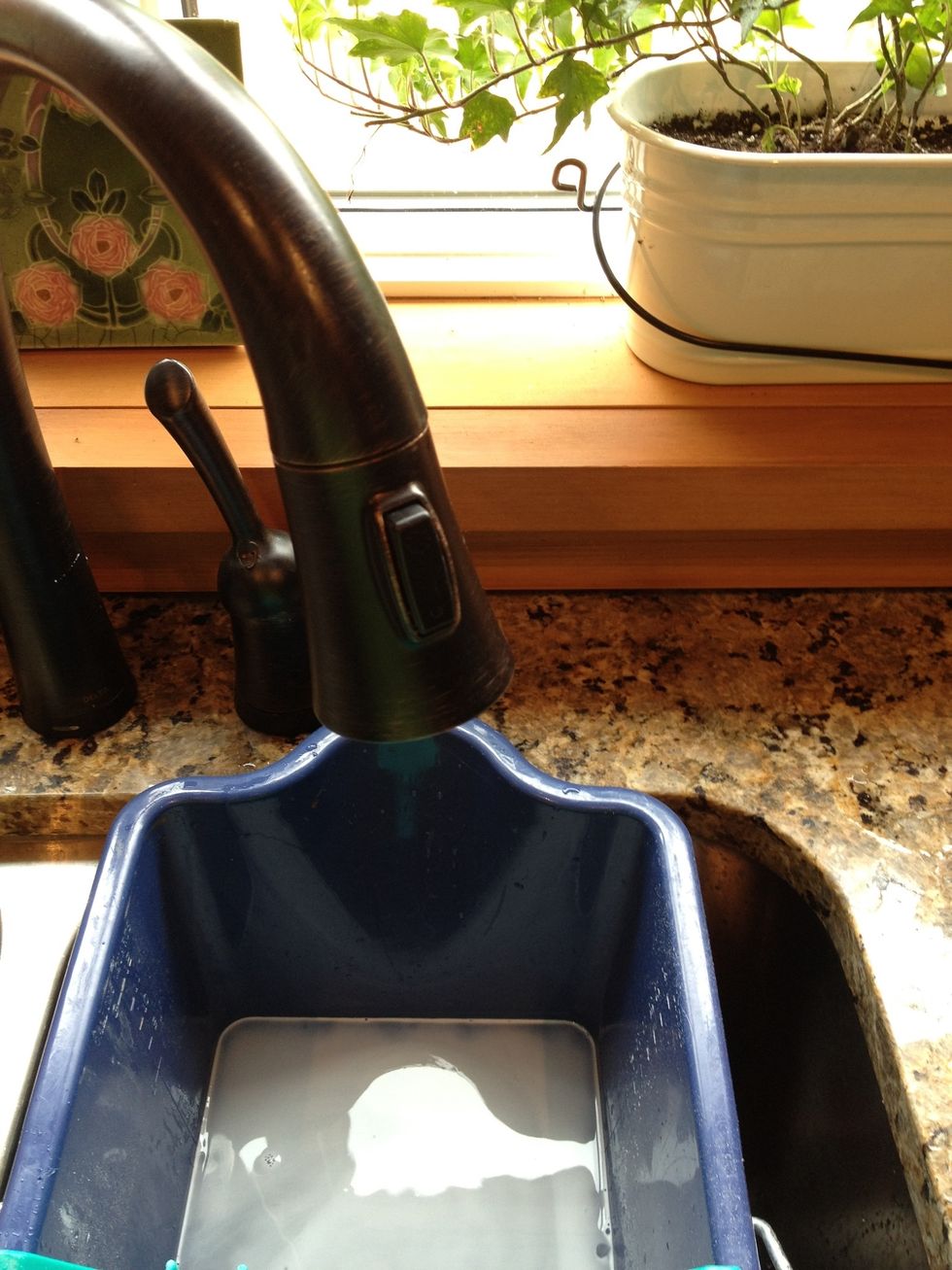 Add the water to your bucket first, then mix in the other ingredients. Adding them while the water is running will make a sudsy mess and you can't see your water level.