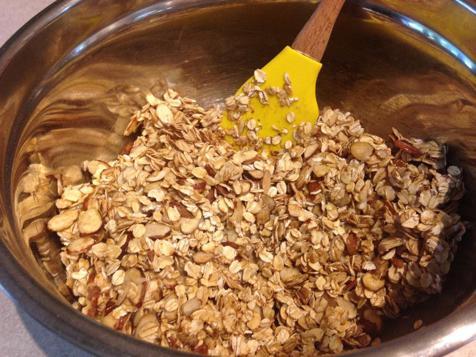 Add the wet ingredients and stir well to combine, make sure all the liquid is equally distributed so your granola is a little sticky.