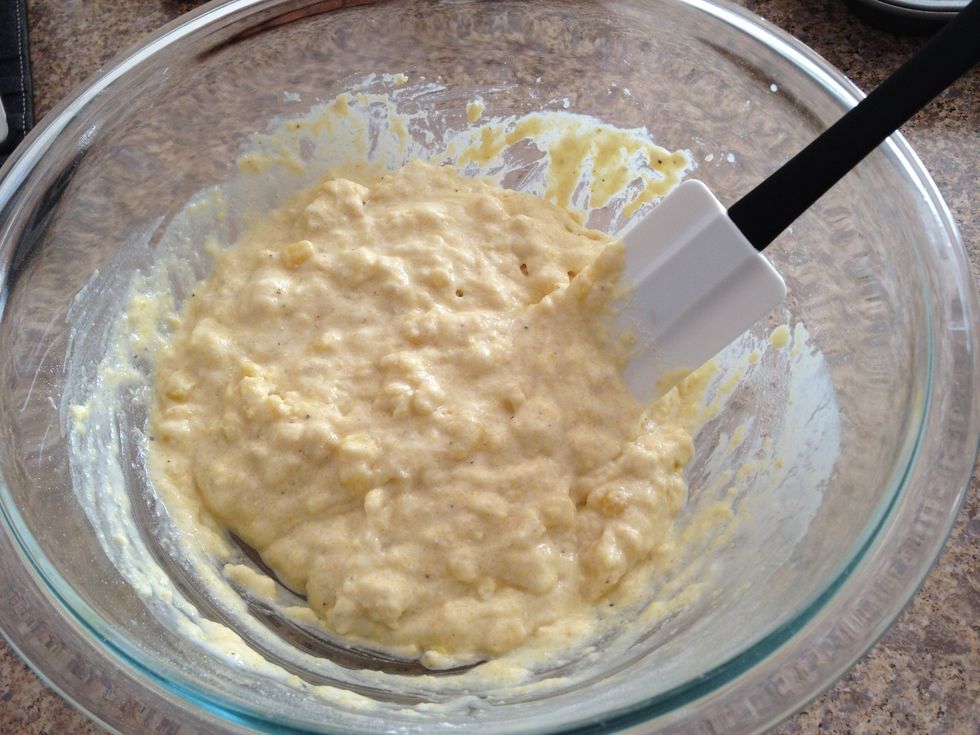 Add the wet mixture to the dry mixture and stir till just incorporated being careful to not over mix.