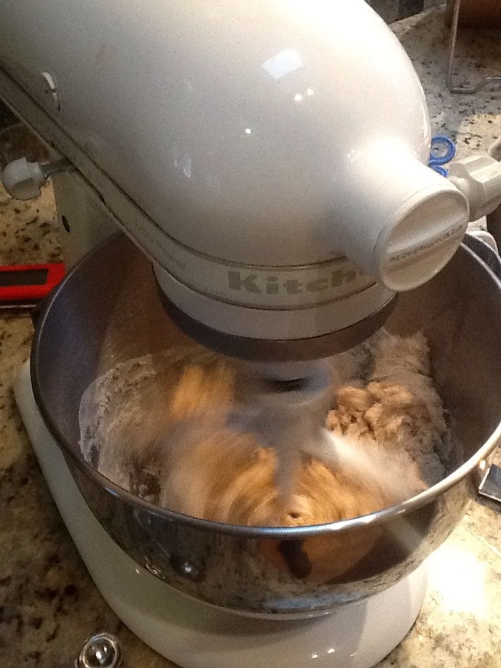 Add the yeast mixture and mix on speed 1 until completely combined