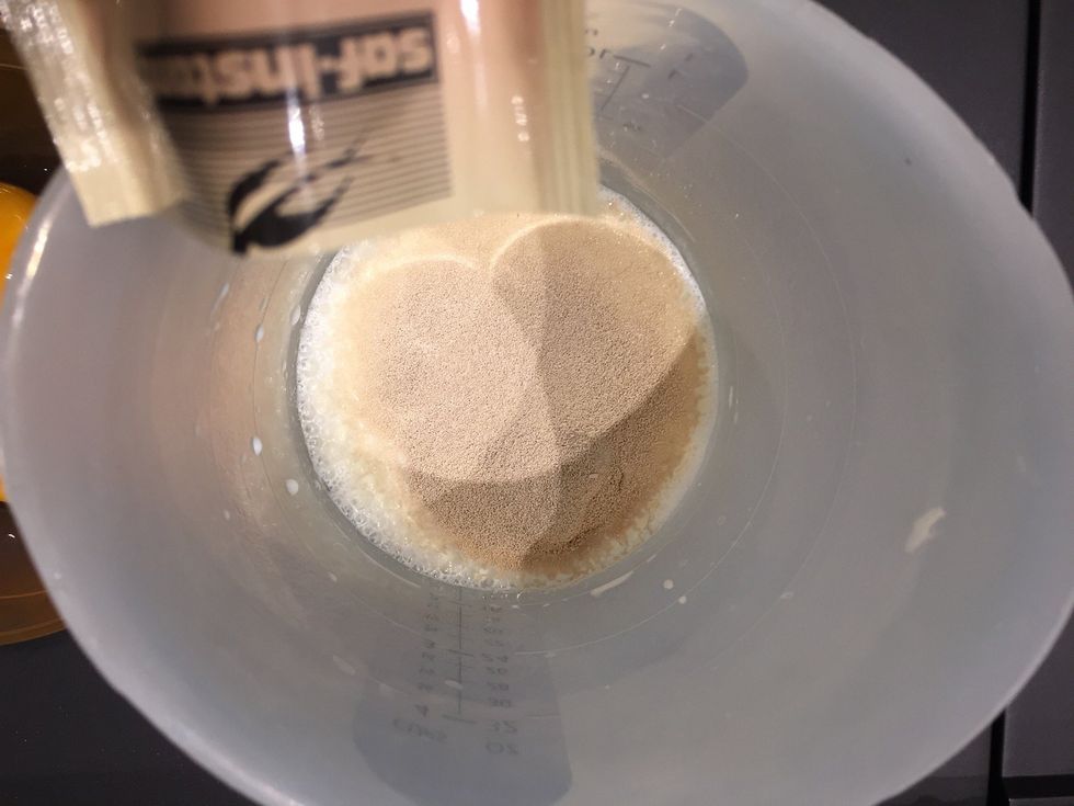 Add the yeast to warm milk + 1 tbsp sugar and 2 tbsp flour