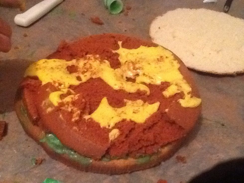 Add the yellow food colouring for cheese (try to make it square)