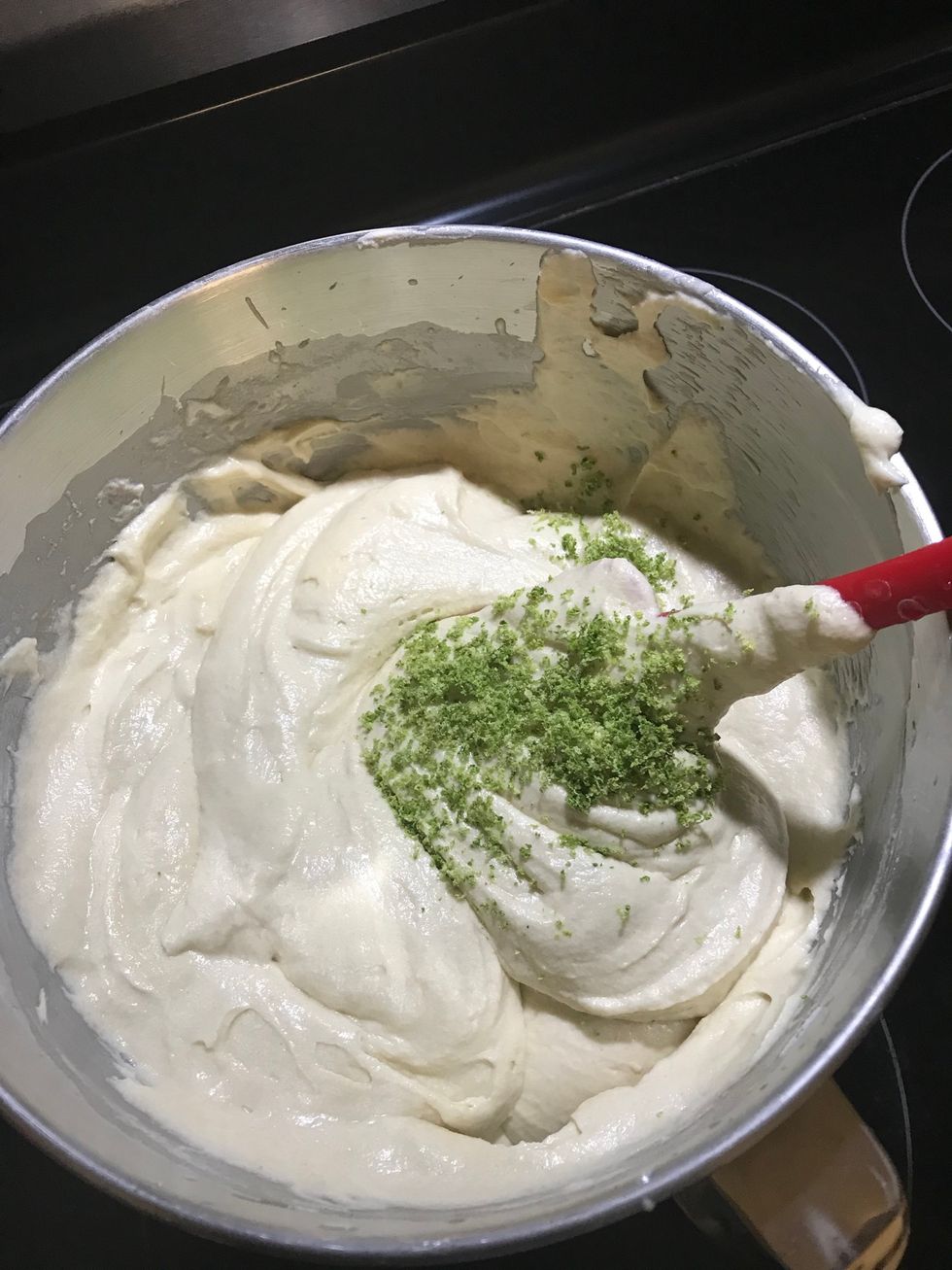 Add the zest and incorporate it with a spatula. I do this so I don\u2019t leave any of the zest on the paddle attachment.