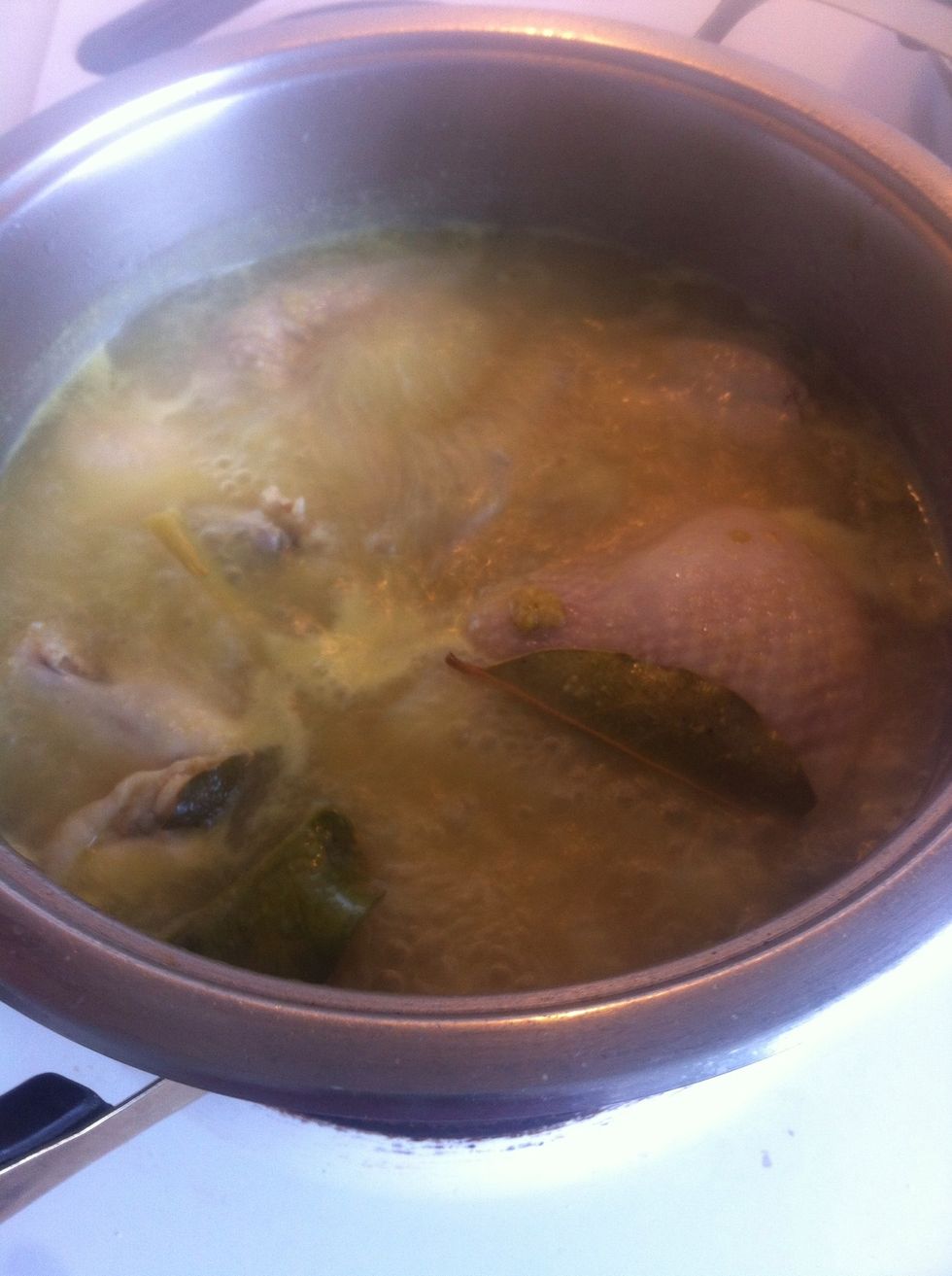 Add them all into the chicken broth. Let it cook and simmer a little bit. Add about 300 ml of water,if you think the soup is to thicken.