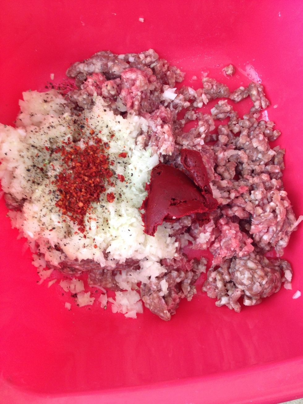 Add them into the meat ground. Also add some tomato sauce, black pepper and salt to enrich the meat. Mix all the ingredients