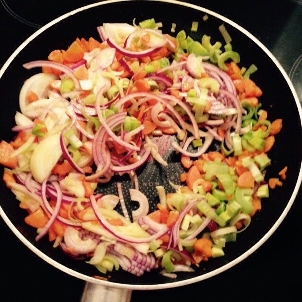 Add them to the carrots, and lower the heat, season with salt and pepper. Cook for 10-15min until soft then set aside and let cool down