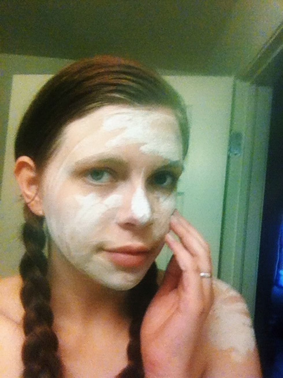 Add thin layer of mixture with fingers to desired area. Do not rub into skin, just gently brush it across your face with your fingers, or you can use a large paintbrush to apply it more accurately.