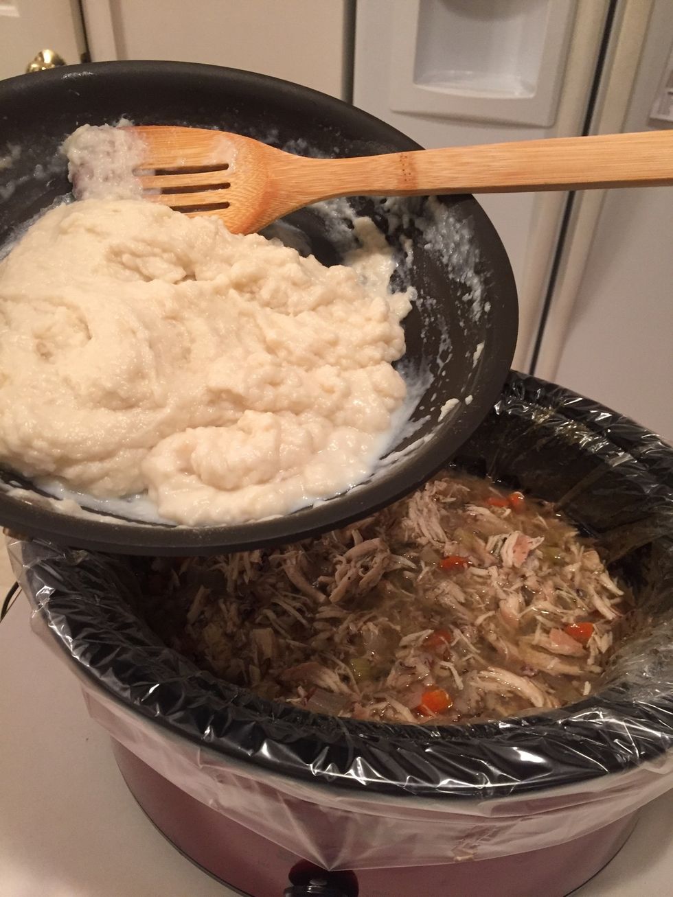 Add this mixture to the crockpot soup. This is what makes it creamy.