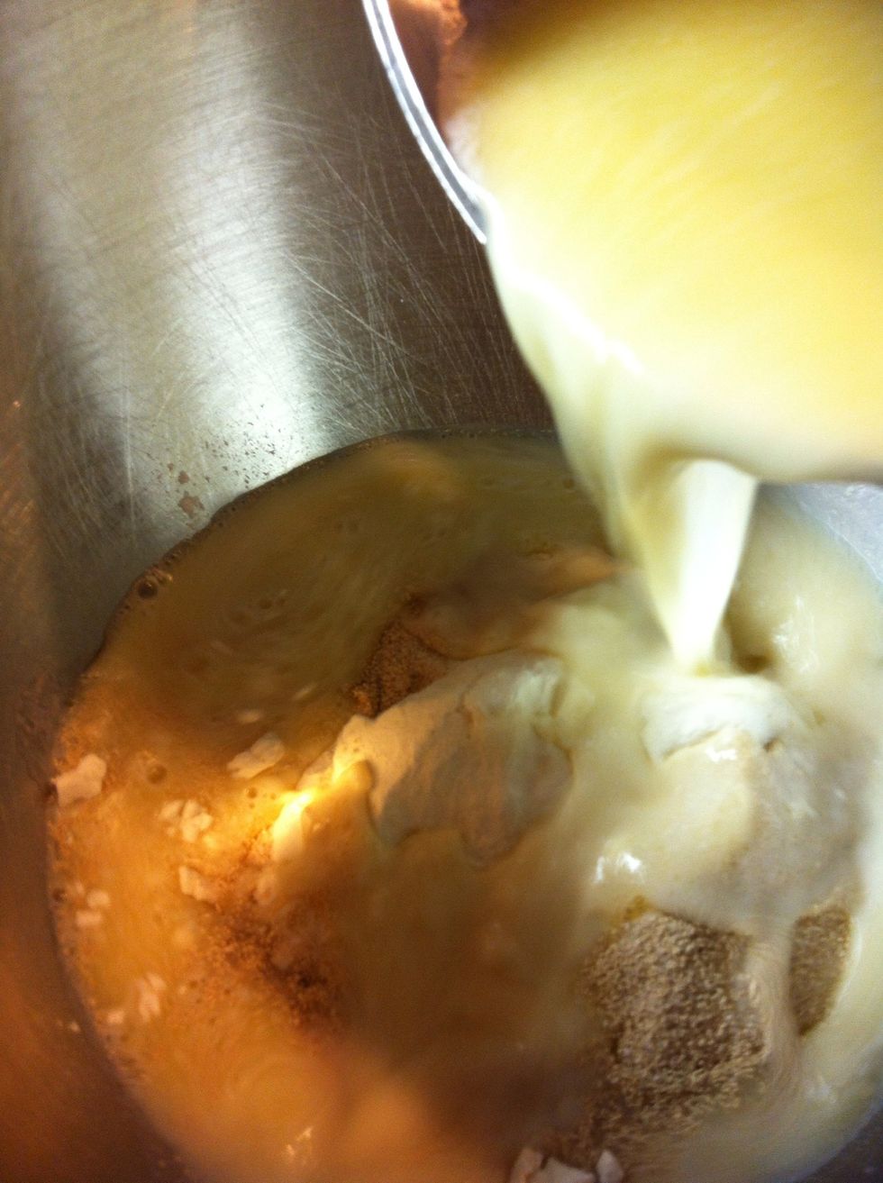 Add this to the dough and start the mixer