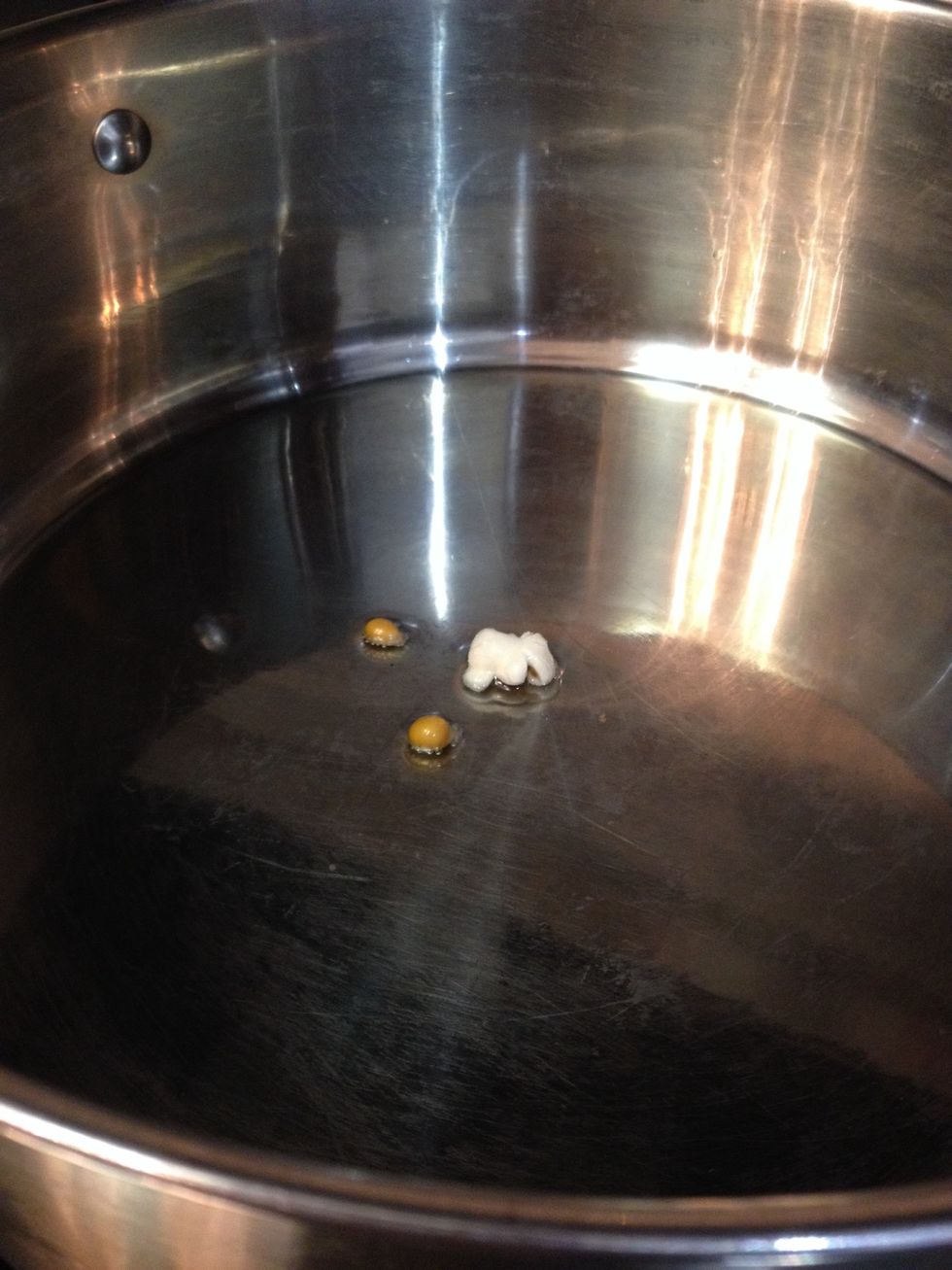 Add three of the kernels, when they have ALL popped the oil is hot enough.