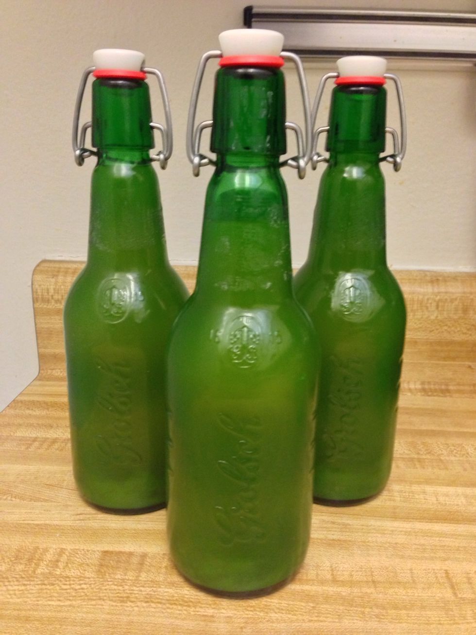 Add three oz of juice to bottle and cap. If you're using a juice with low sugar, I usually add a pinch of sugar per bottle. You can also add sliced fruit.