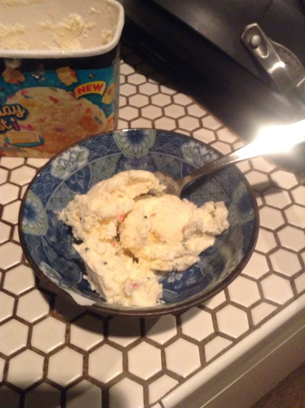 Add three scoops of an ice cream flavor of your choice