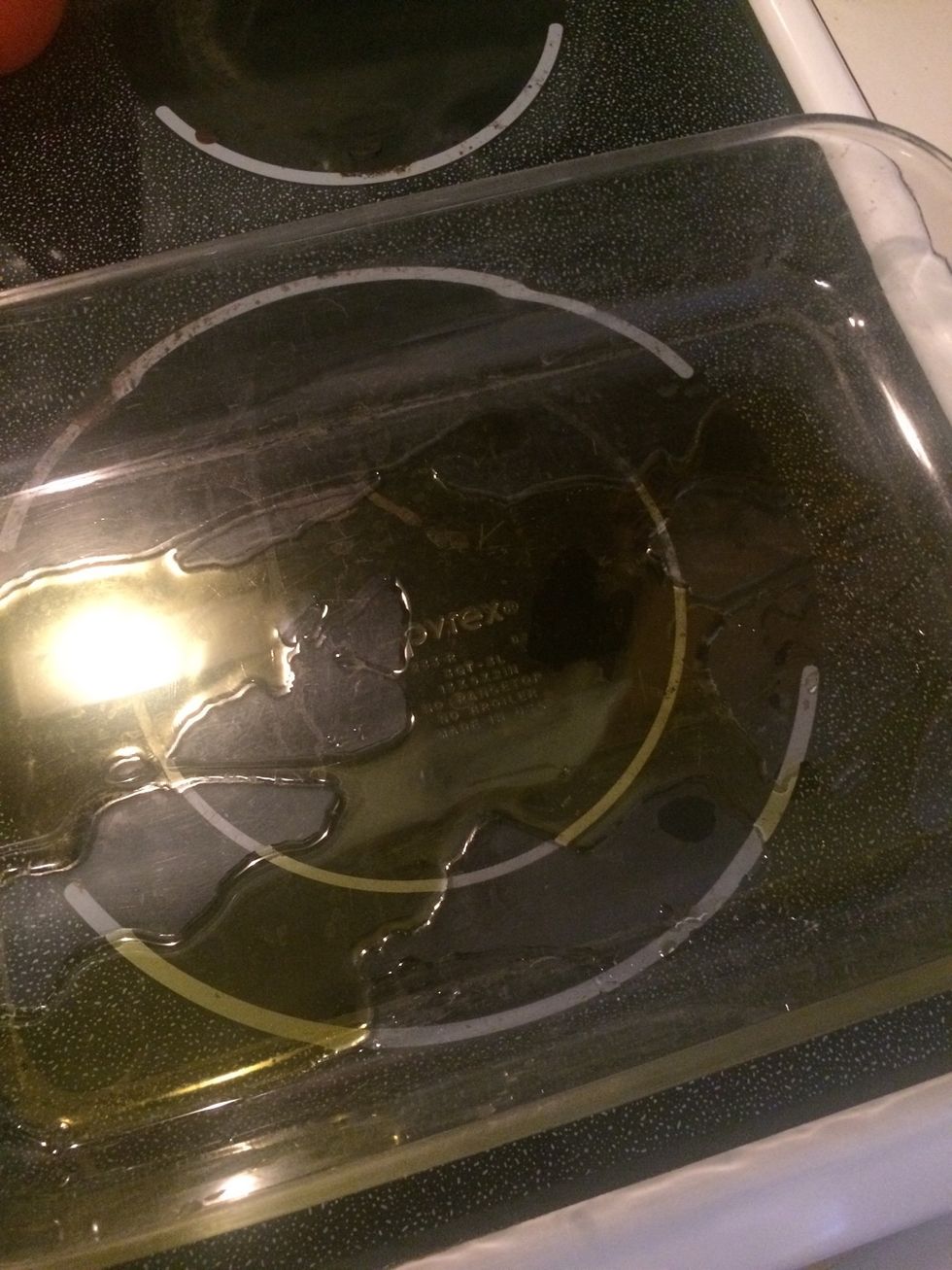 Add three tablespoons of olive oil to glass baking dish