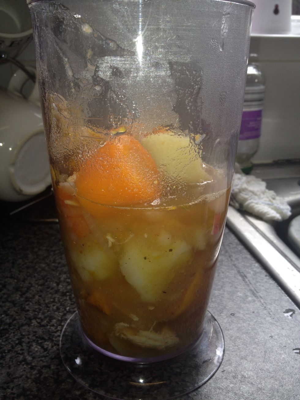 Add to blender. You need to add the water from the pot, as the water will contain most of the flavour, and also the soup will be way too thick without it.