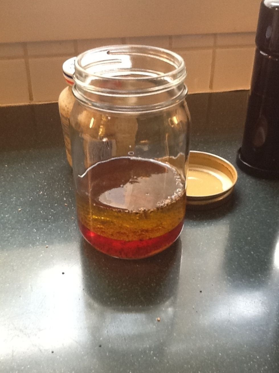 Add to jar 1 part vinegar or other acid such as lemon juice; 2 parts oil; 1/8 to 1/4 parts mustard; and salt, pepper, and sugar to taste.