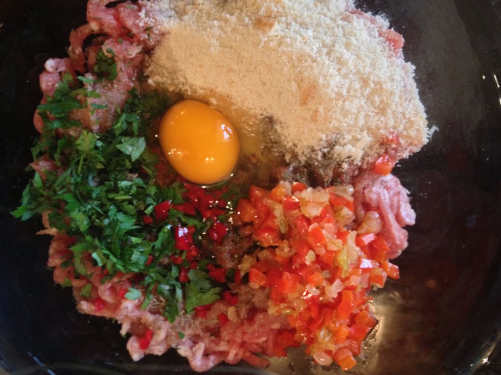 Add to meat ,crumbs,egg, and fried onions with paprika