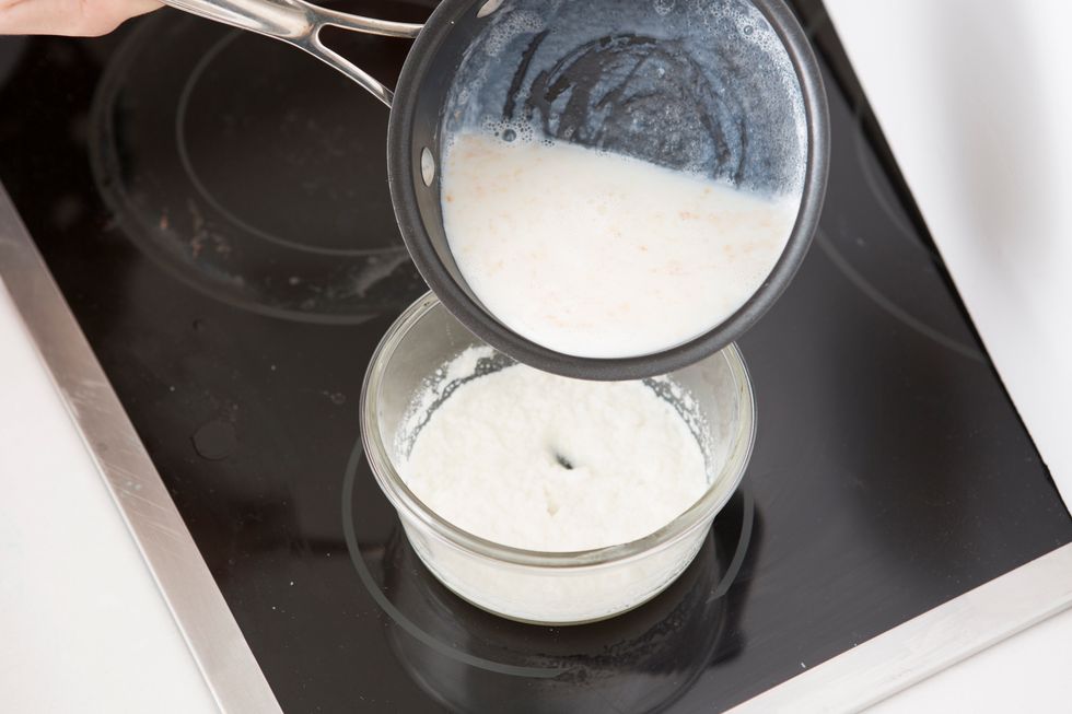 Add to plain gelatine mixture and stir until gelatine is completely dissolved. Then, let it cool for 10 minutes.