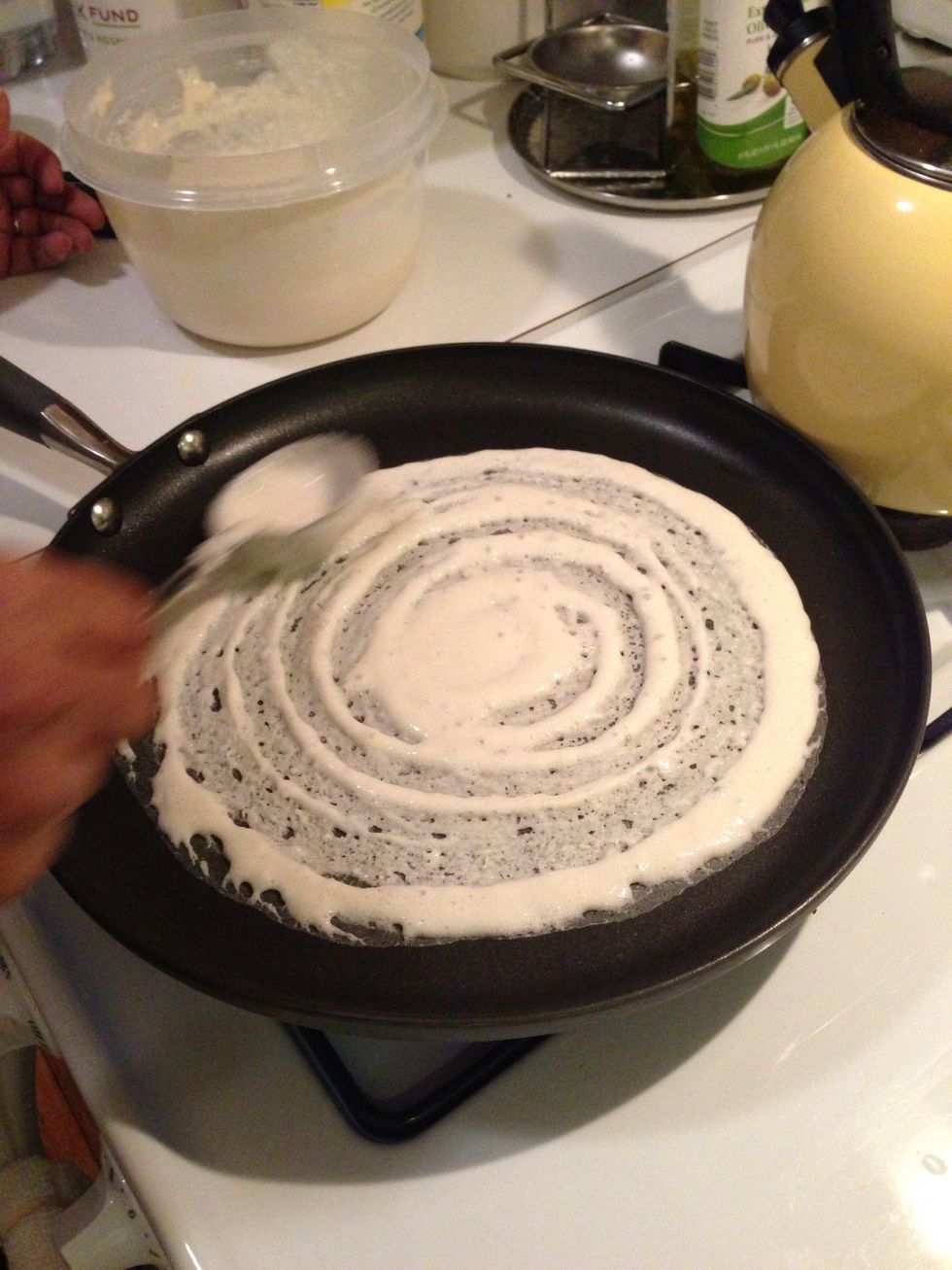 Add to pre-heated skillet in circular motion. Flip once golden brown, then serve! (add butter on top for taste)