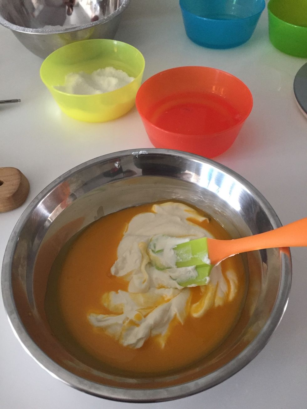 Add to the lightly beaten yolks, stir to combine.