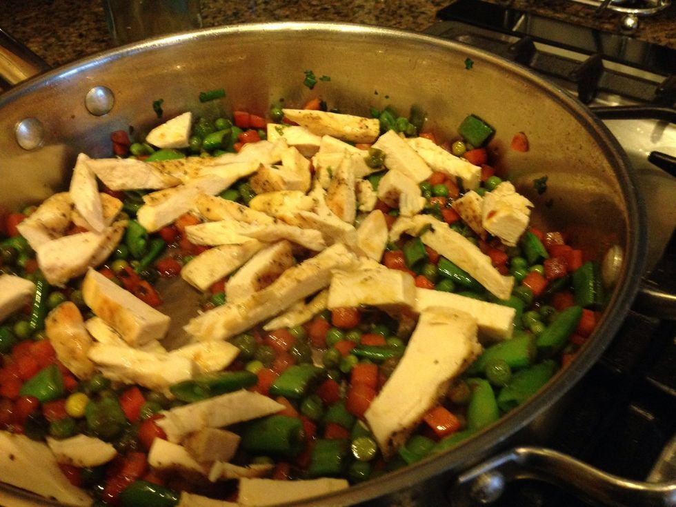 Add to the pan of veggies. If you are using left over chicken just make sure to warm through in the pan before you add the fried eggs.