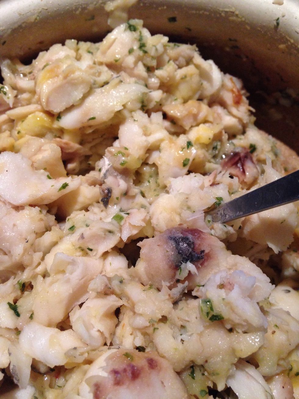 Add to the potato and parsley mix. And stir in two eggs. Add the chopped organum and zest of one orange.