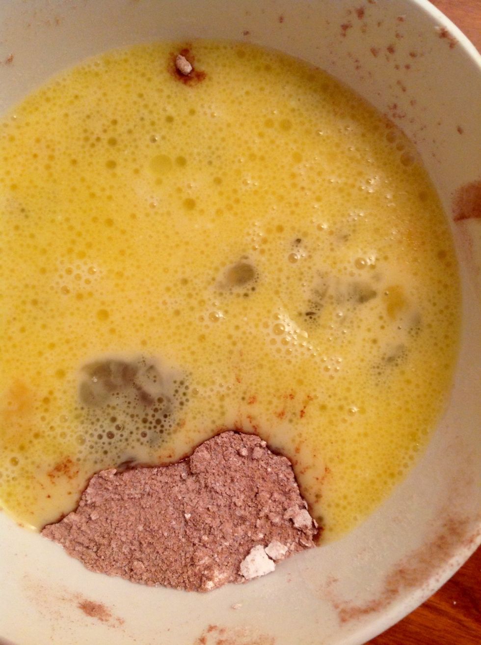 Add to the solid ingredients the liquid once.