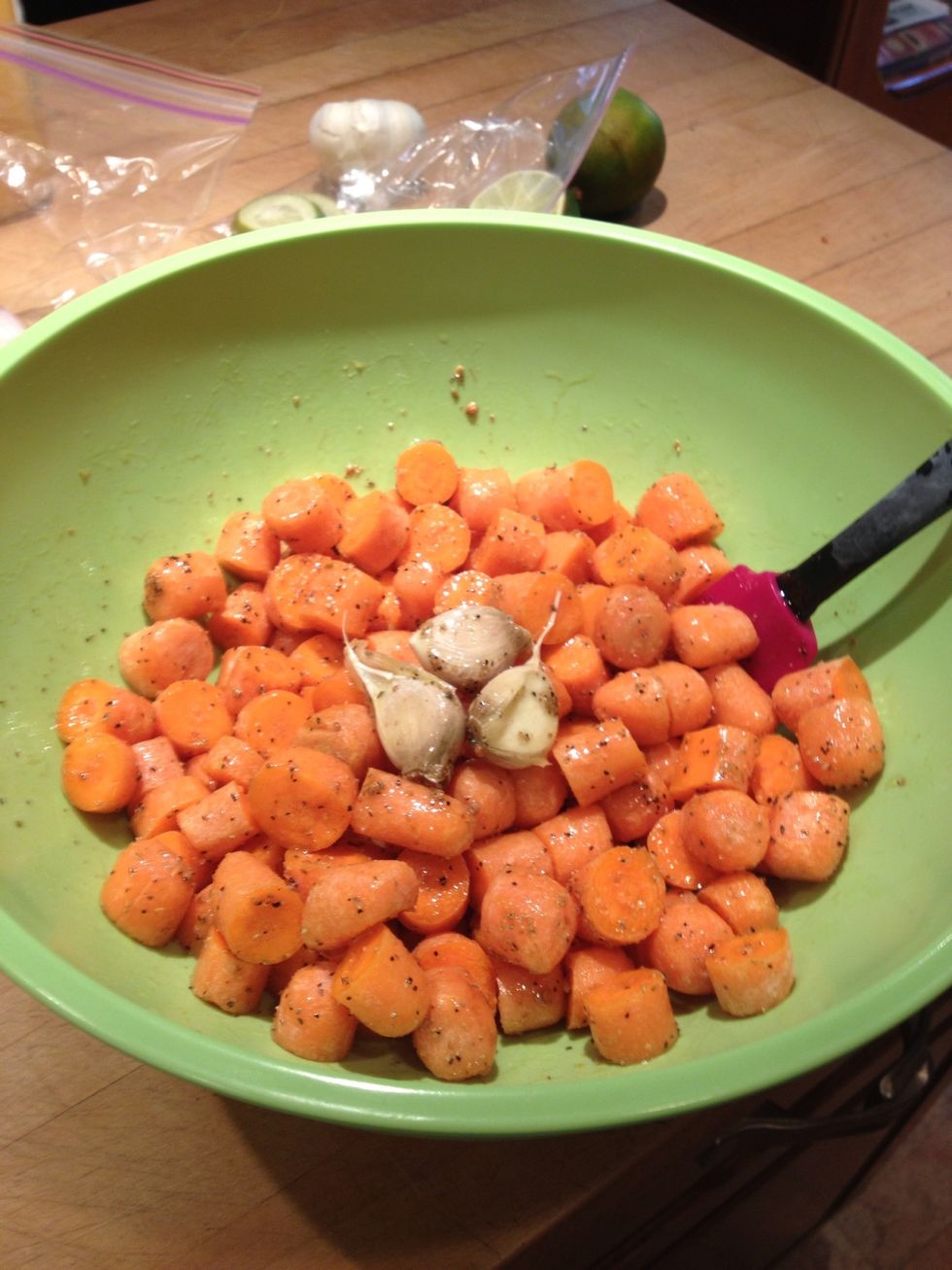 Add to the spiced oil along with the garlic. Toss to cut and season with salt and pepper to taste.
