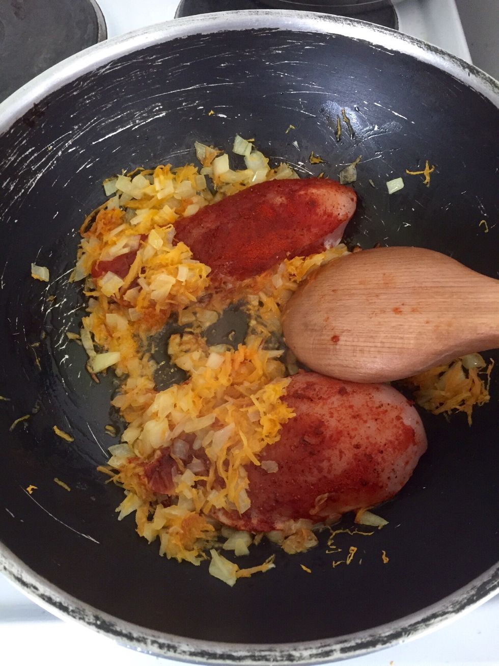 Add to the vegs and cook until it's done on the outside