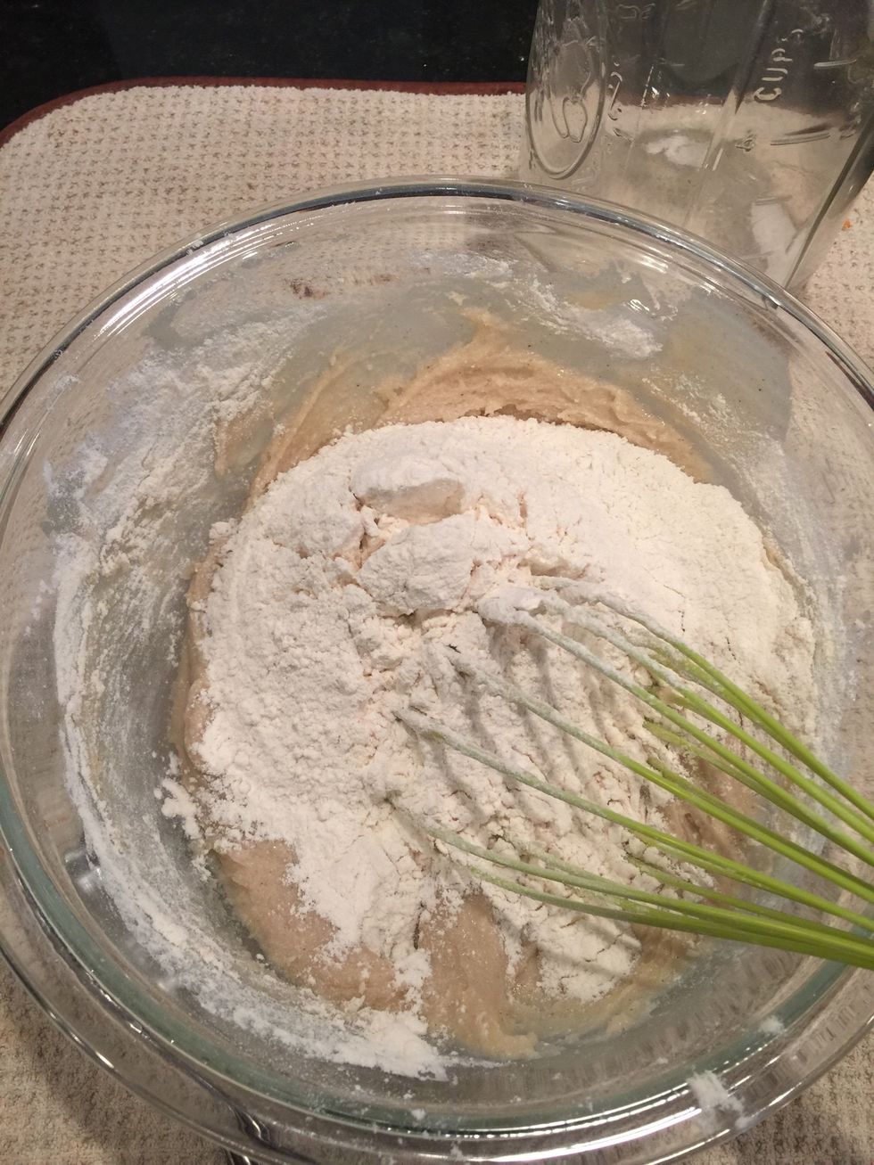 Add to wet mixture flour, baking soda, baking powder and salt.