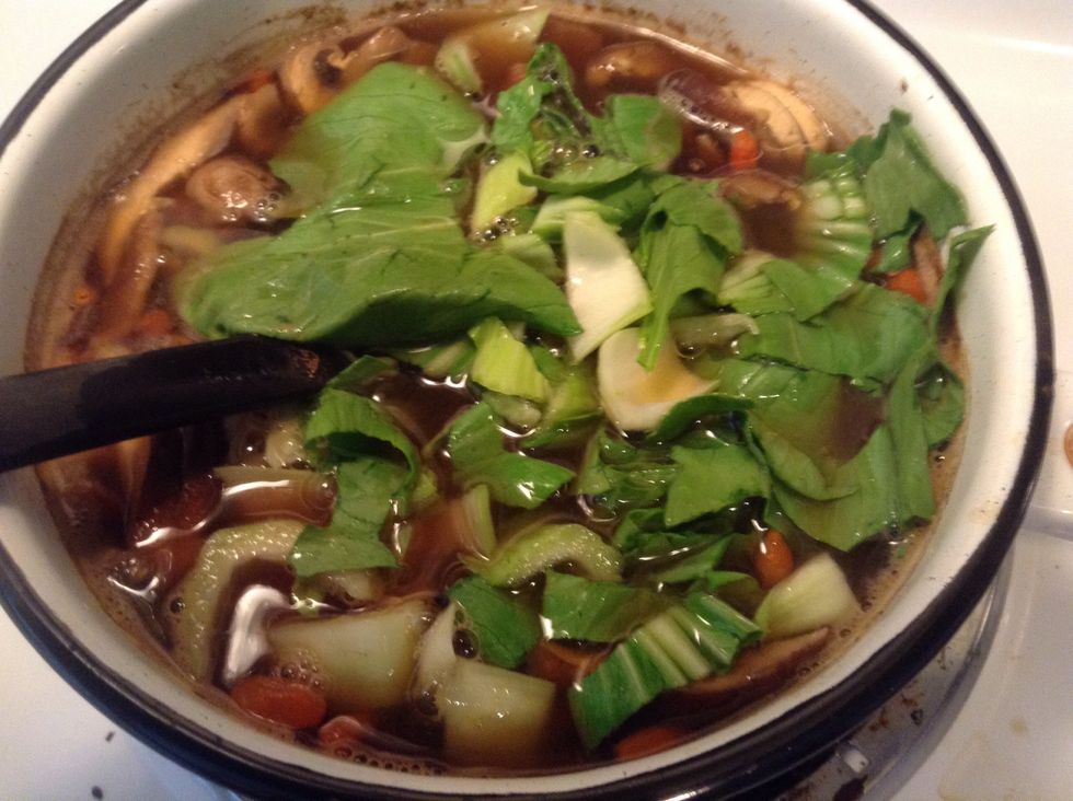 Add to your soup. We add here at the end so it cooks the crispy bits but does not completely take over the plant while the mushrooms and aromatics blend together.