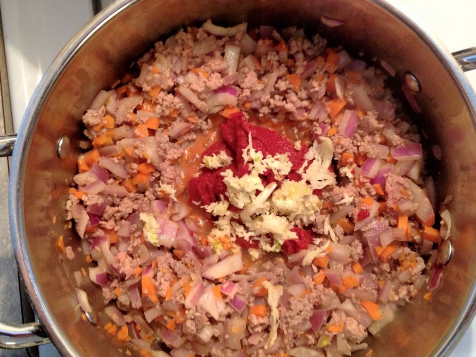Add tomato paste and garlic and blend.