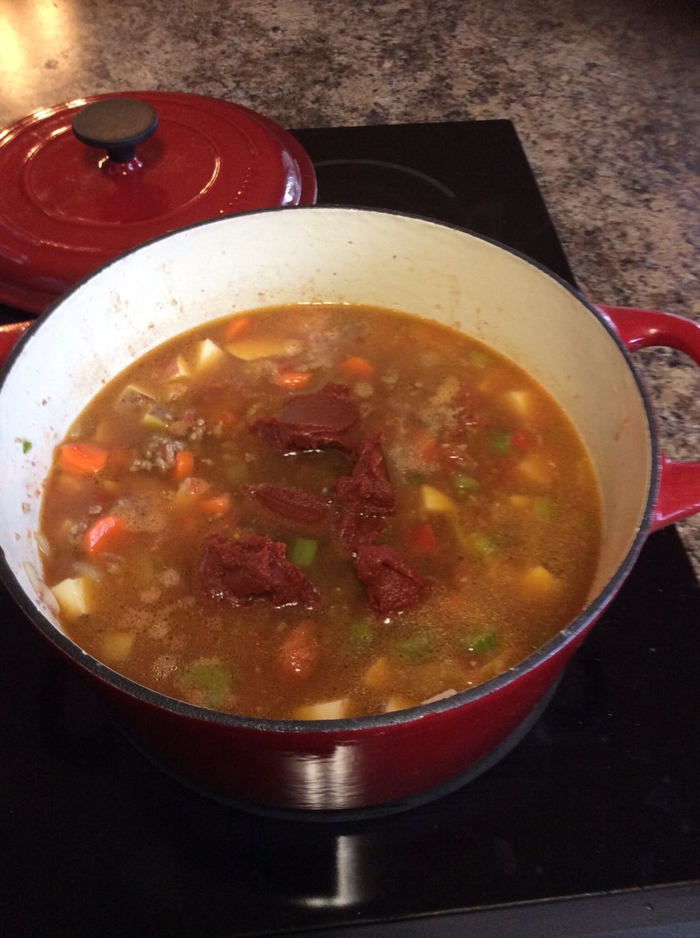 Add tomato paste and sauce, I used less than half a can of tomato sauce. Add more if you want a thicker, stew-like consistency.