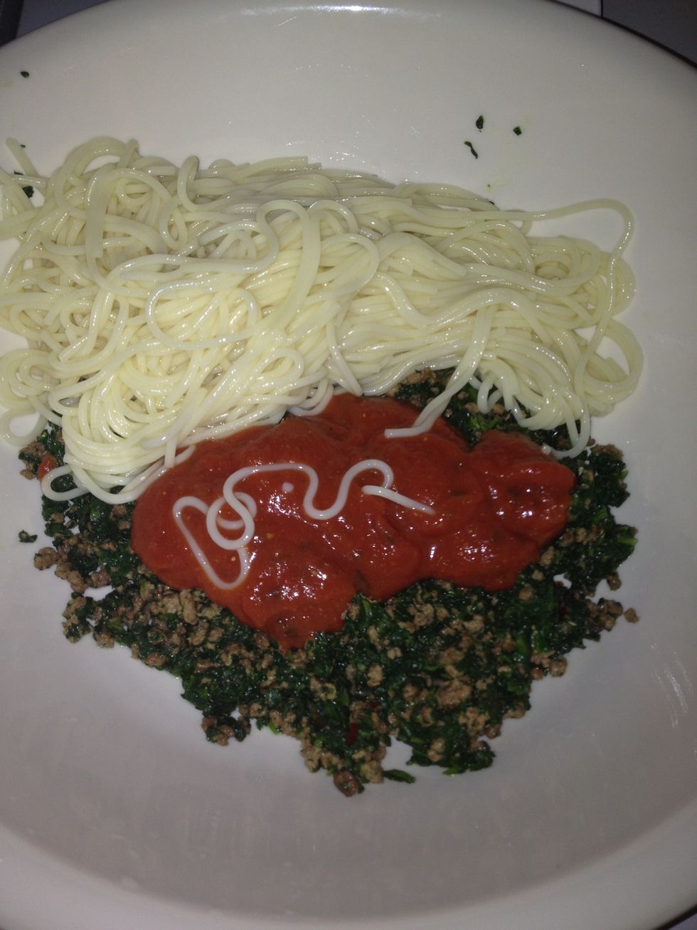 Add tomato sauce to the beef & spinach mixture & then add your pasta! Mix well, can add your spices to your liking if you wish \ud83d\ude0a