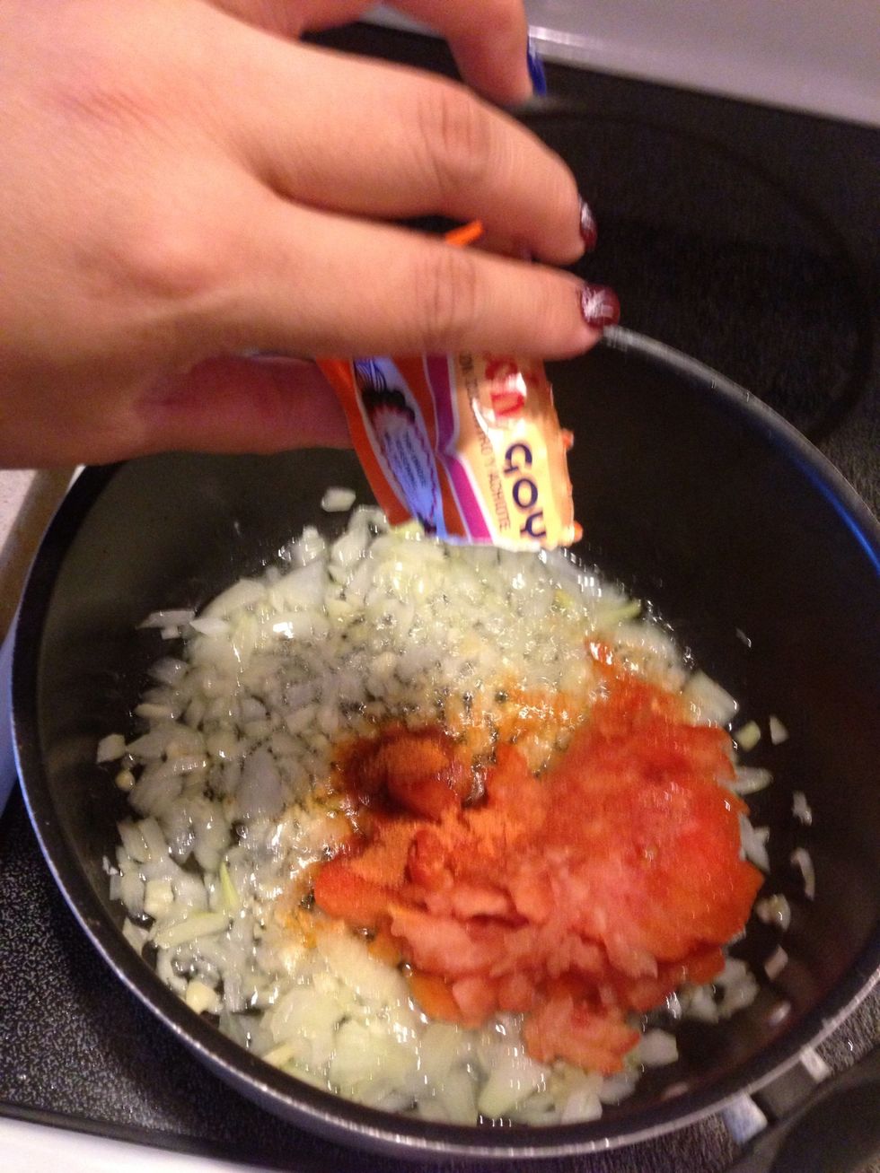 Add tomatoes...add Saz\u00f3n seasoning...