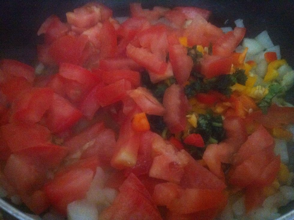 Add: tomatoes, cilantro, tomato paste, mini peppers , spices + salt.