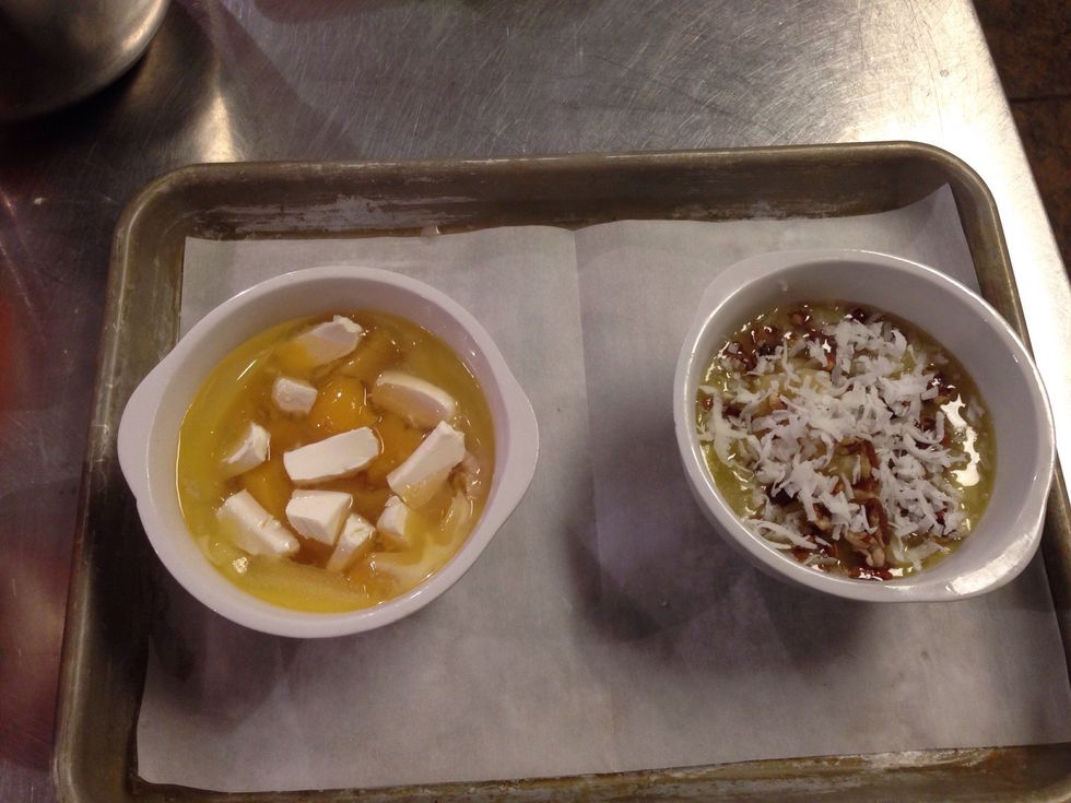 Add toppings if desired. The left, I added bits of cream cheese. The right, I added coconut and chopped pecans. During the baking process, the batter will rise above the goodies.