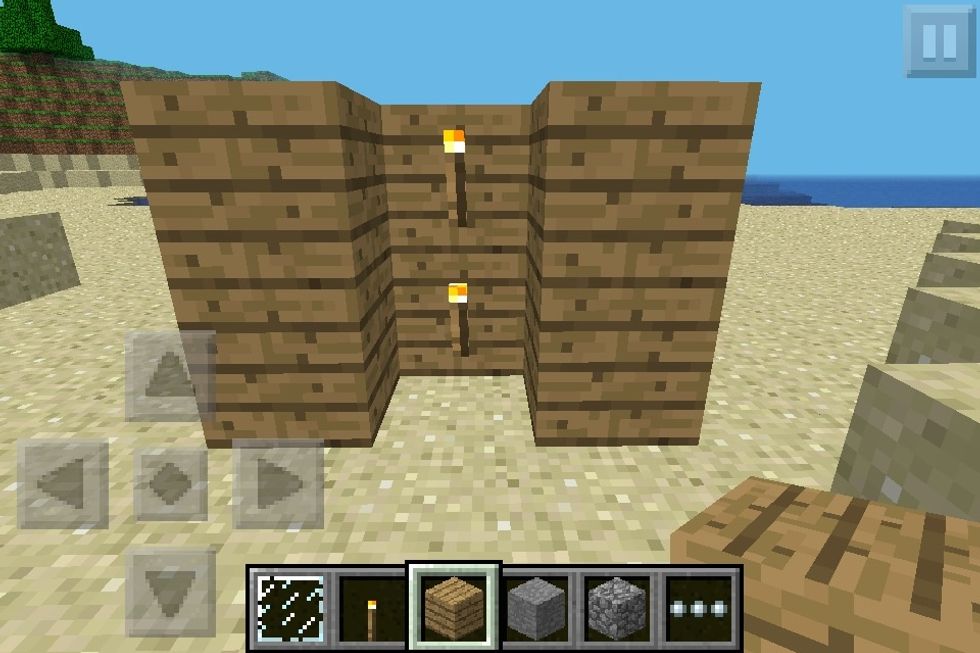 Add two of your blocks to each side of the torches.
