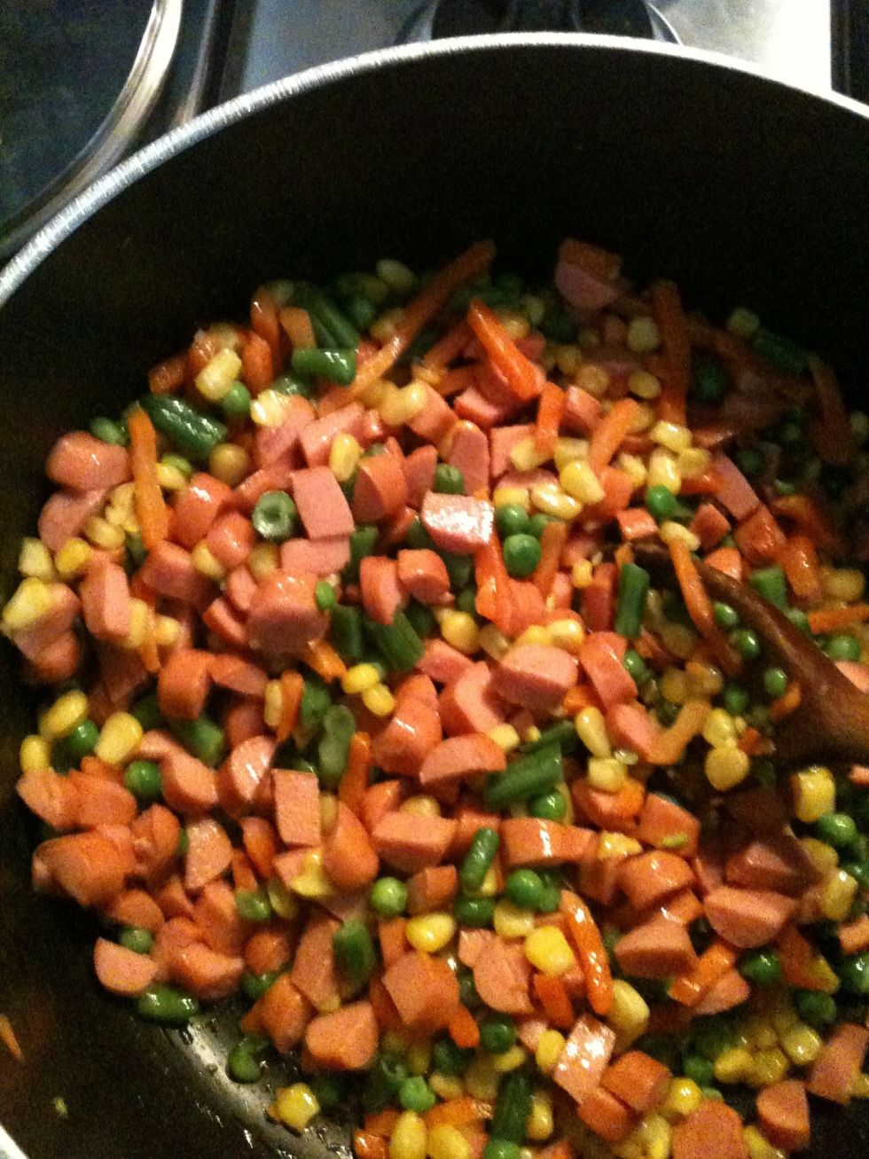 Add ur frankfurters sausage and stair fry until the sausage is golden brown.