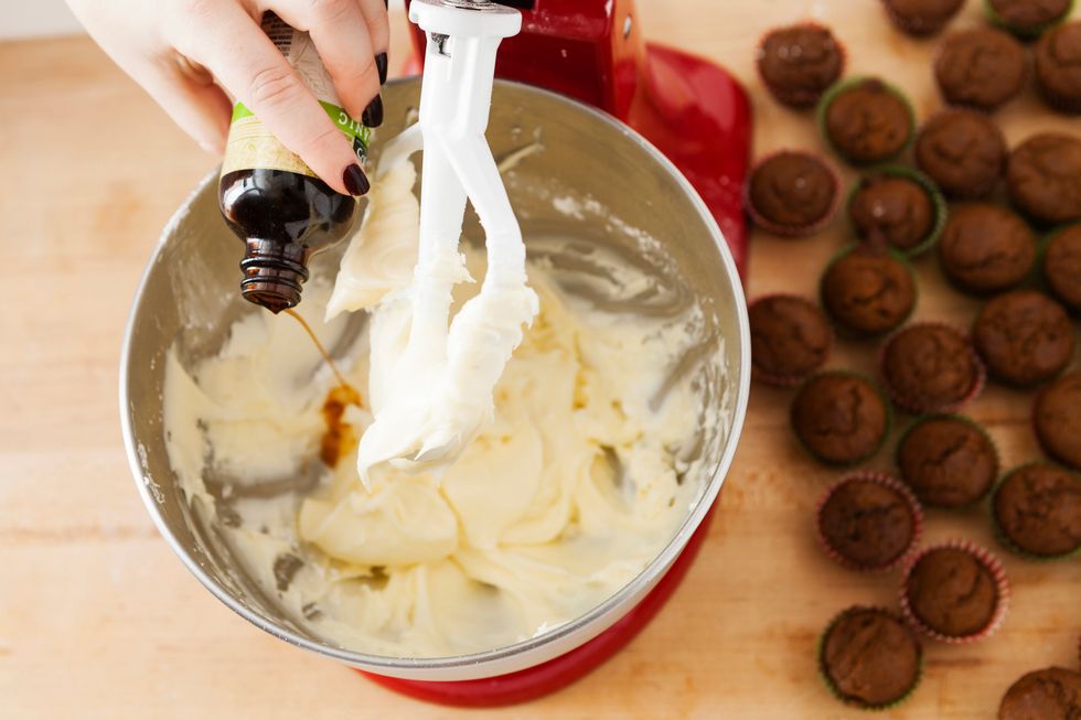 Add vanilla extract and continue to mix. Then refrigerate your frosting until needed.