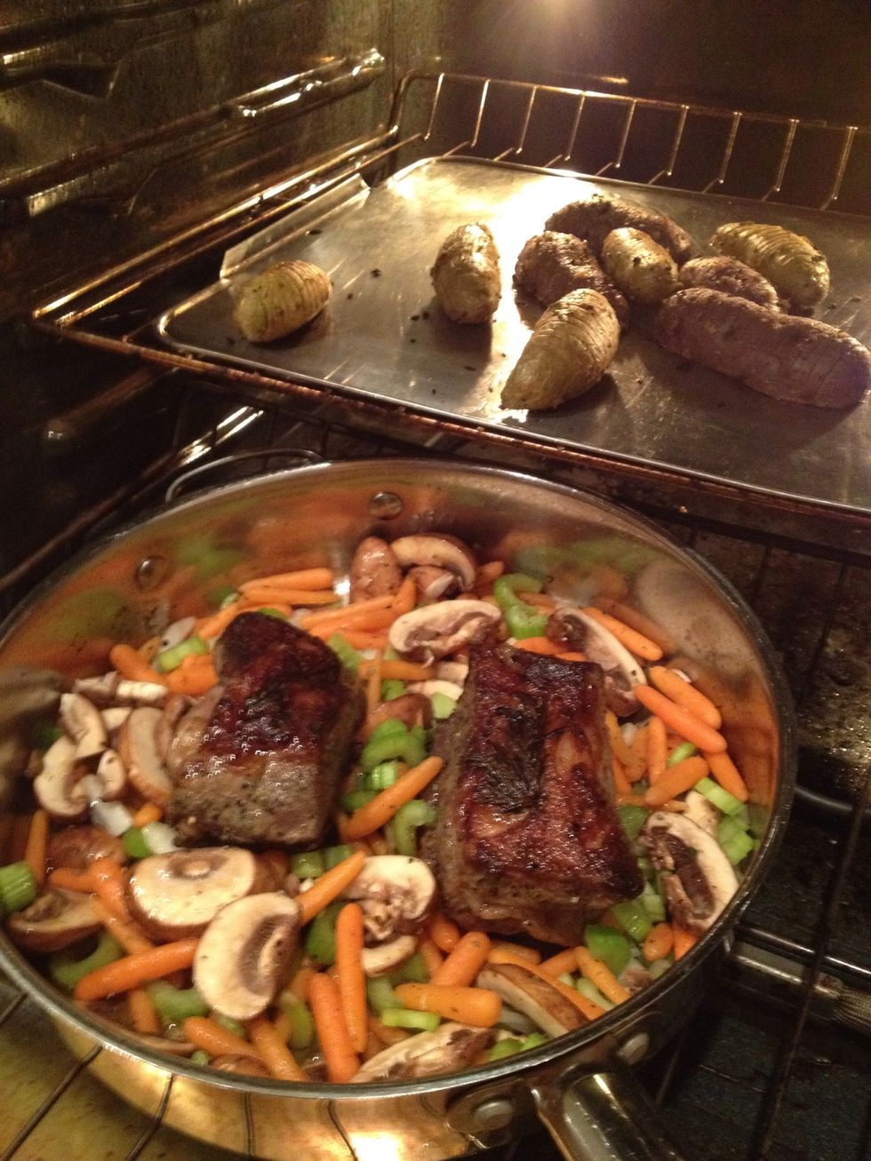 Add vegetables \ud83c\udf46\ud83c\udf45\ud83c\udf43and move pan to lower tray. Cook about another \ud83d\udd545-8mins. For Med-Rare 145\u2022 Med 160\u2022 Well done 170\u2022.