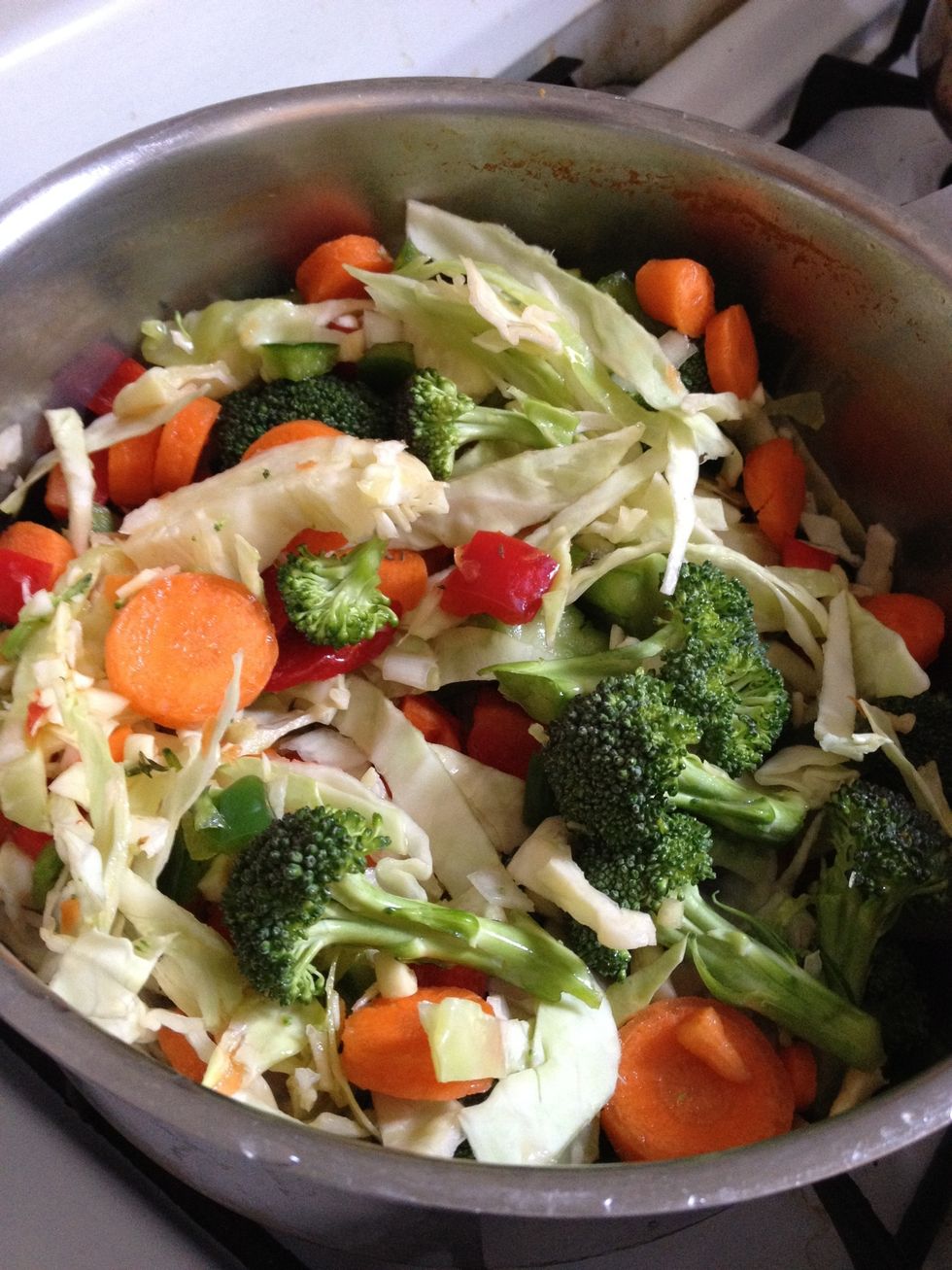 Add veggie mix to pot and cook under low heat.