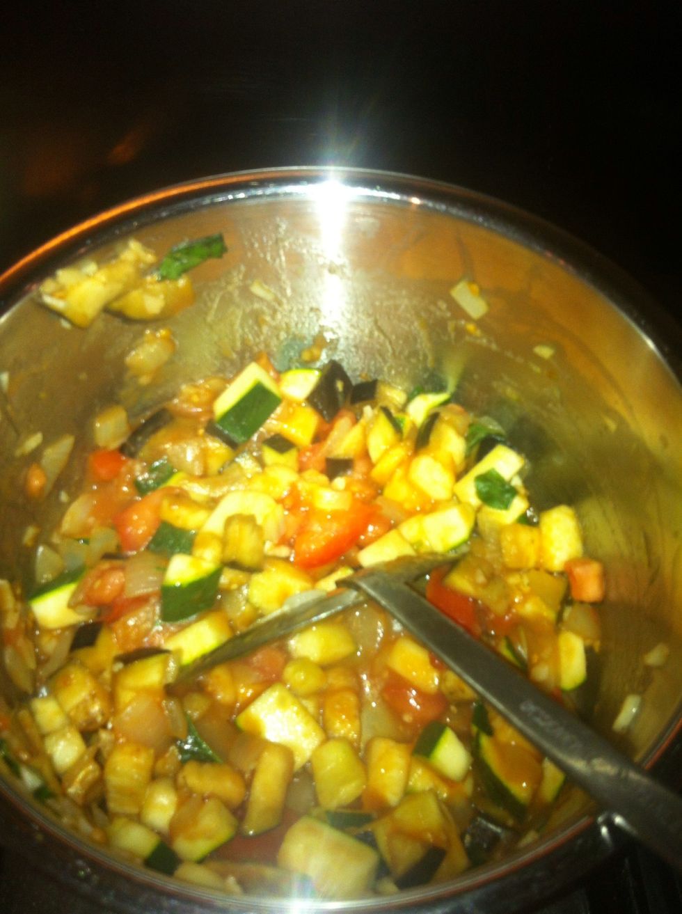 Add veggies and cook, stirring often, with enough tomato pur\u00e9e to make a nice constancy. Don't forget that the veggies will cook down a lot