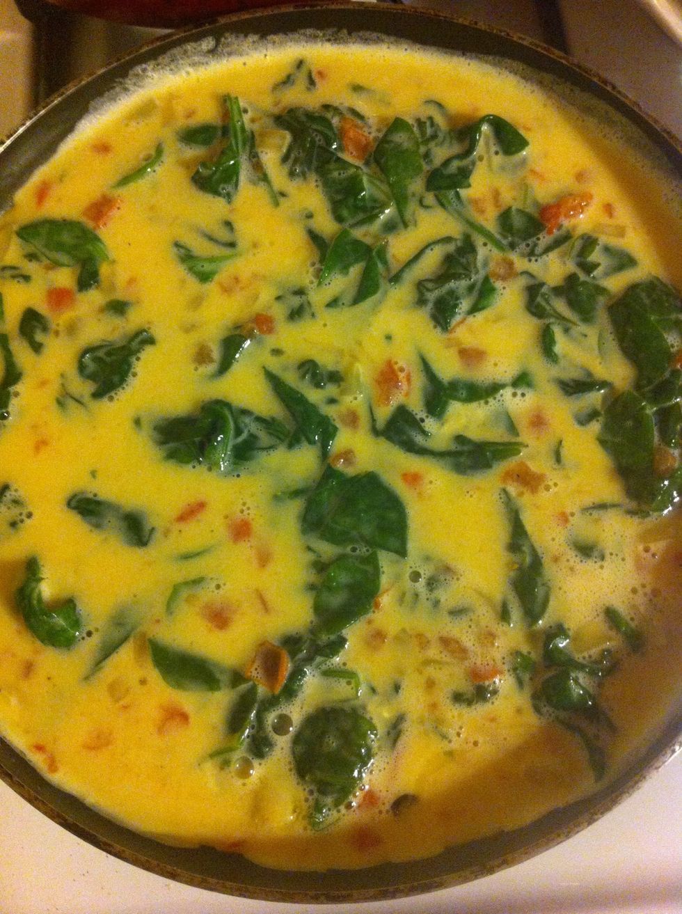 Add veggies to eggs and pour into pan and cook on med