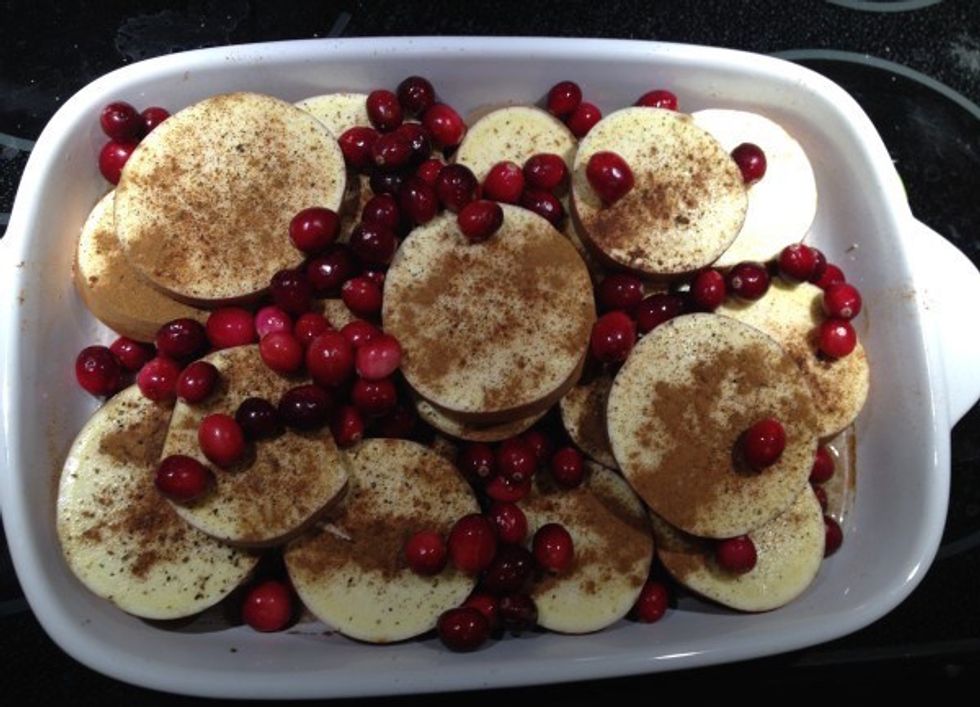 Add washed fresh or frozen unsweetened cranberries. I didn't measure just put in enough that it looks really pretty! Any left overs you can put in a ziplock and put in the freezer for another time.