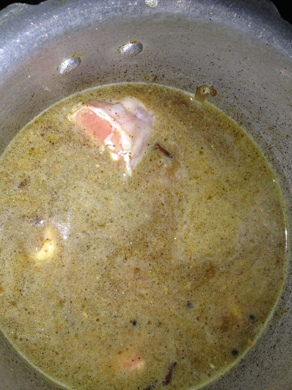 Add water almost double the height of the meat. Also add salt, garam masala powder , crushed black pepper and mix well so that nothing sticks to the cooker.Let it pressure cook for half hour.