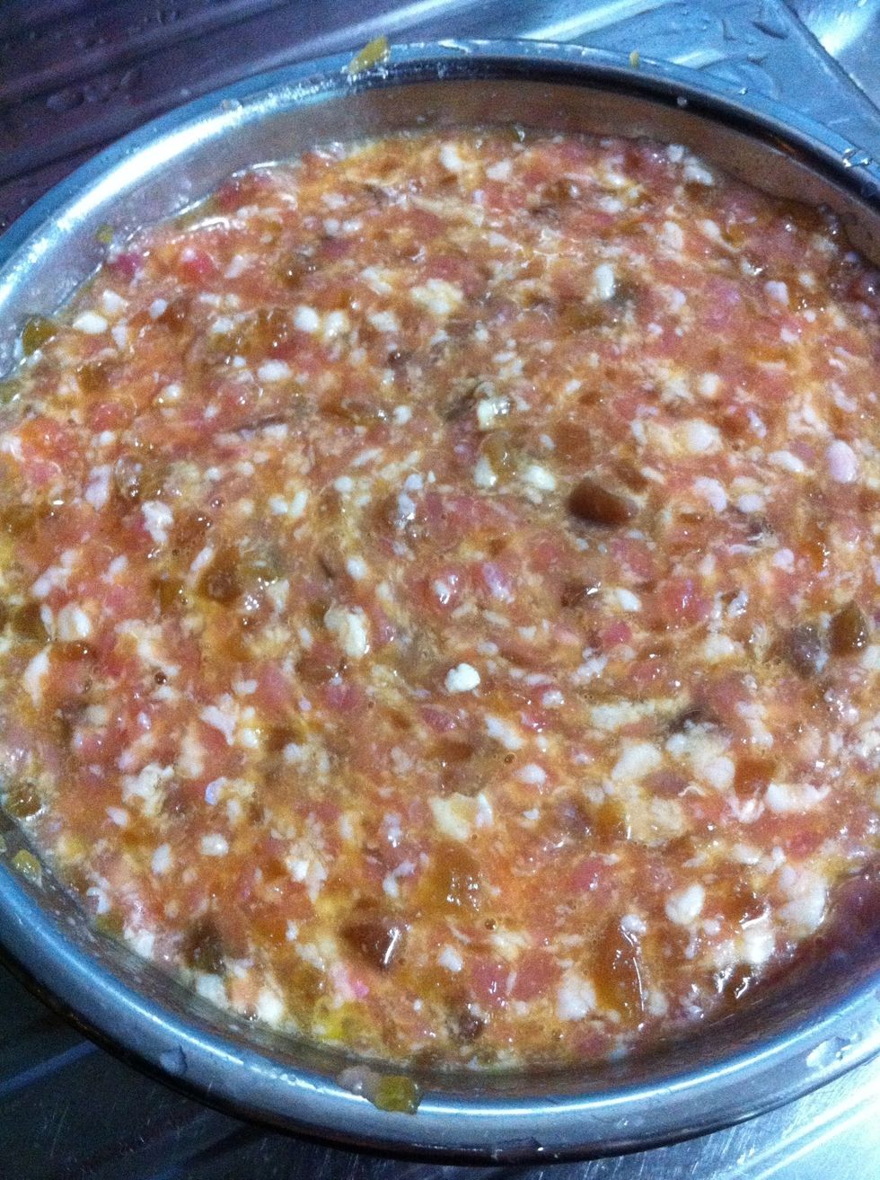 Add water as you mix till it look a little soaked. The amount of water determines how moisture it will be when cooked. The dish might turn out dry and tough if too little water is added.
