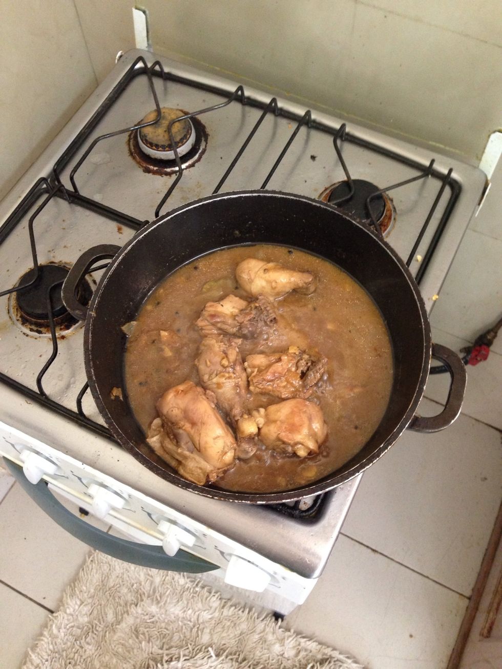 Add water, boil for 20 to 30 mins. Add peppercorn, 1/4 cup soy sauce, 1/8 cup vinegar, and 3 pieces bay leaf.