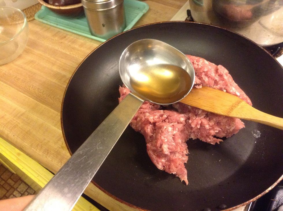 Add water or soup to the pork . Stirring continuously until cooked through, about 1-2mins.
