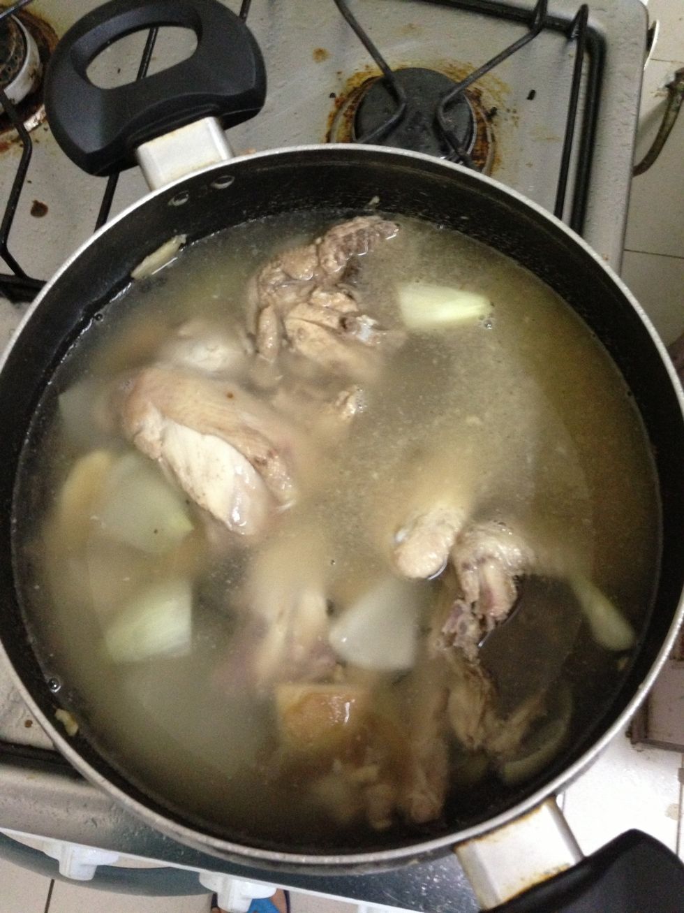 Add water. Simmer chicken for 30 mins. Add chicken cubes too