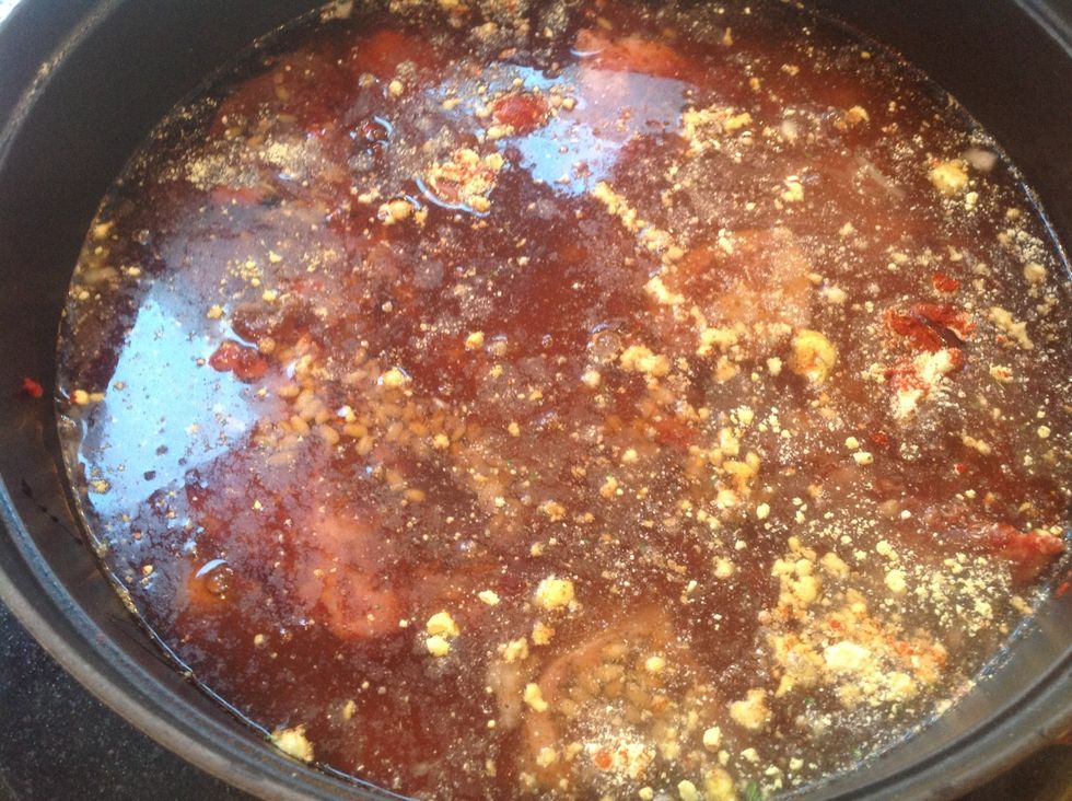 Add water to cover, put in 2 eggs with shell intact. ( the eggs will take on a nice flavor of chulent, and are wonderful with egg & onion dish popular in Jewish households at sabbath lunch meal. )